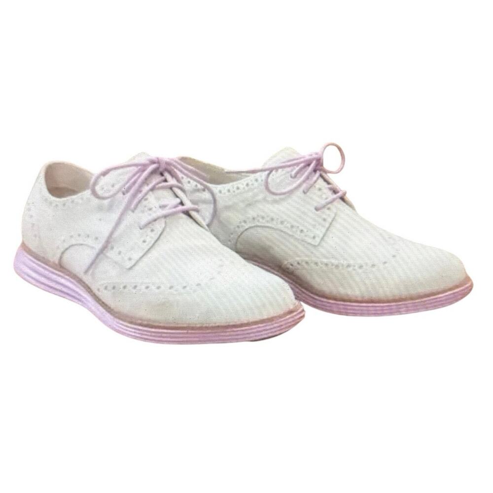 Cole Haan Lunar Grand Gray Suede Lavender Sole Wingtip Oxford Shoe Women SZ 7.5